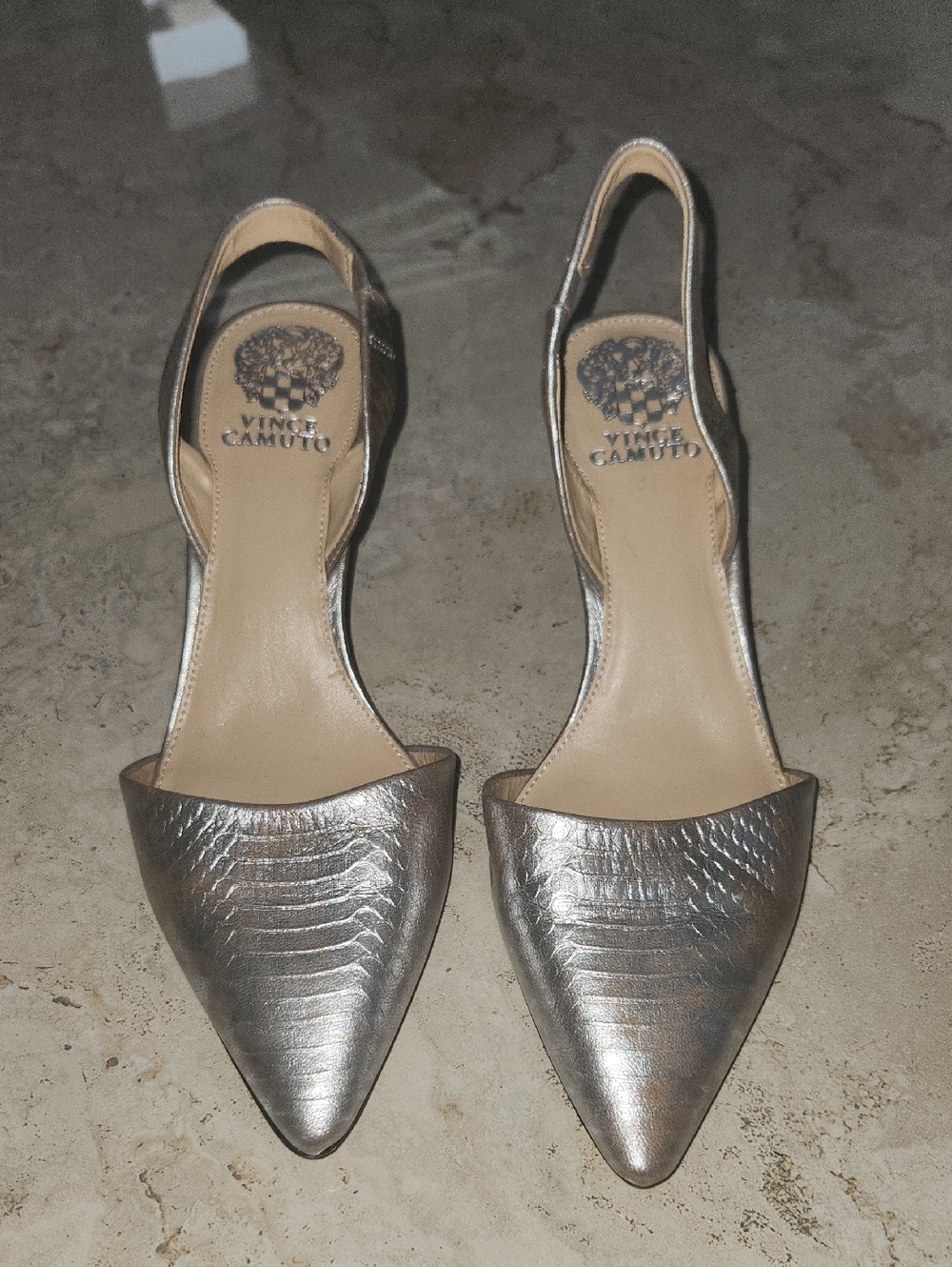 Vince Camuto Silver Metallic Pointed Slingback Mules